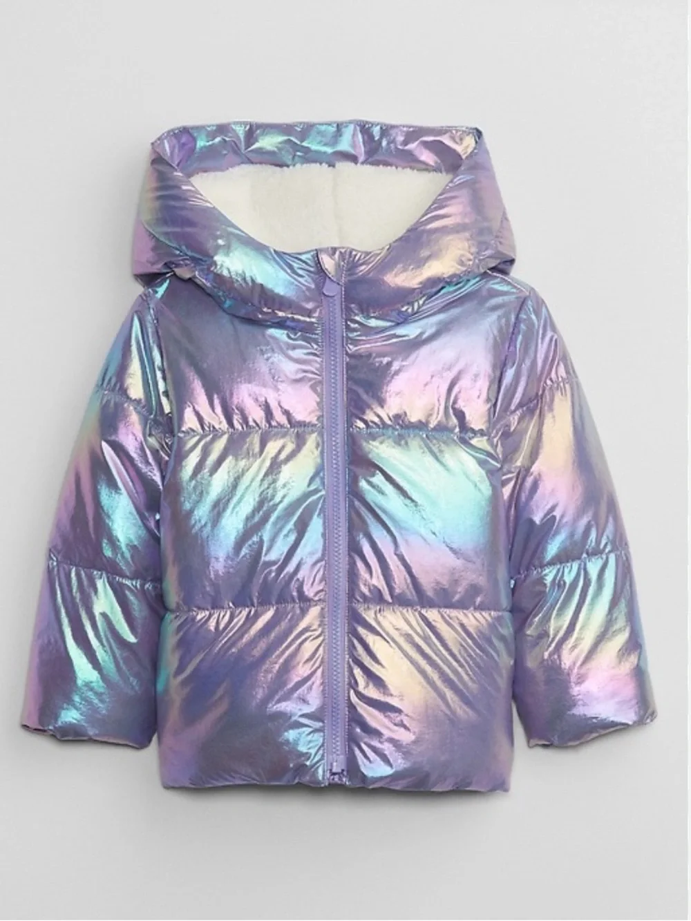 Gap Baby Iridescent Puffer Jacket Sherpa Lined Cold Control Purple Hoodie 12-18M